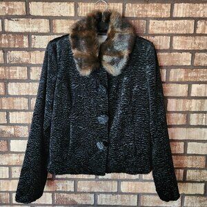 Cole B Black Faux Persian Lamb Teddy Jacket Fur Collar Lined Pockets NWOT Size M